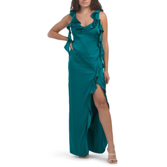 AIDAN BY ADRIANNA PAPELL DEEP EMERALD Sleeveless Cascading Ruffle Gown - Picture 1 of 1